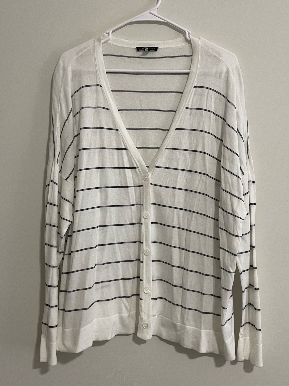 Eileen Fisher Coastal Striped Minimalist Summer Beach Button Cardigan Tight Knit